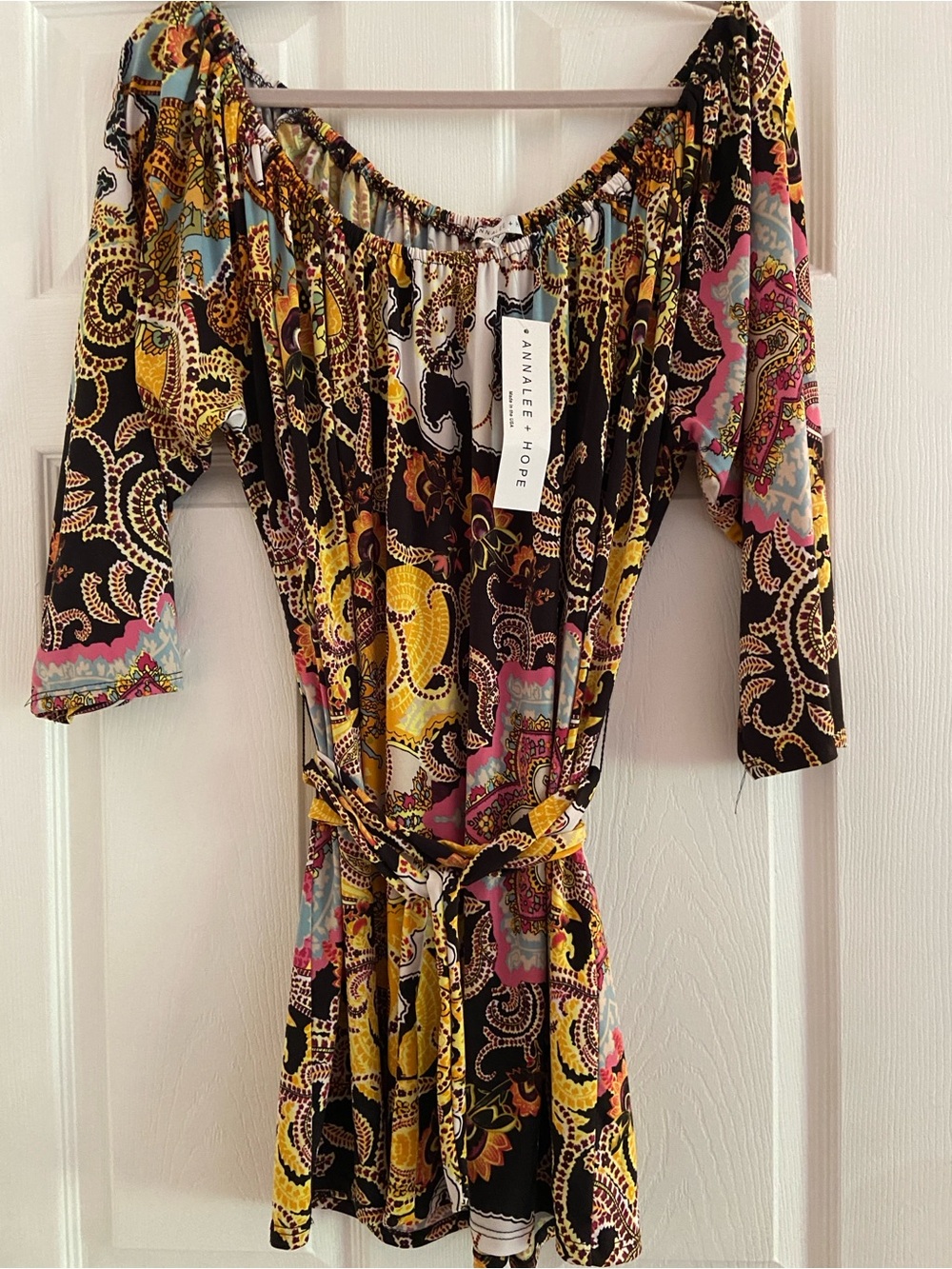 Annalee + Hope Black Paisley Off-Shoulder Tunic with Yellow, Pink & Blue Accents